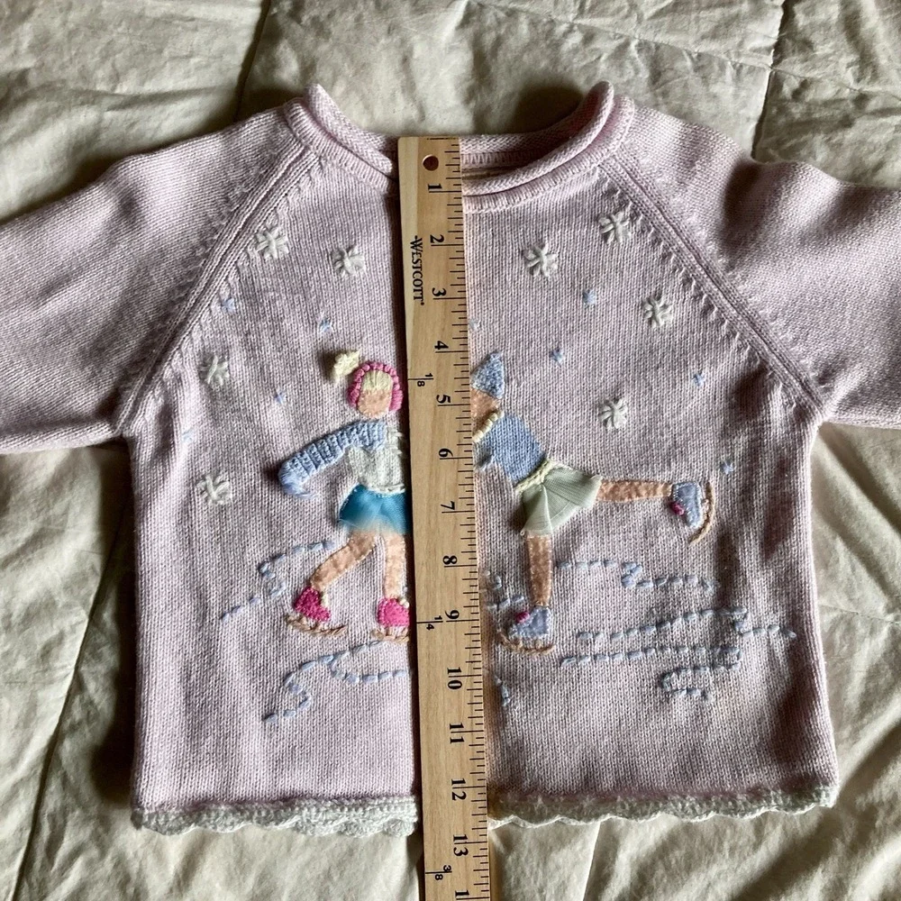 Vtg Embroidered Sweater 3D Girls Ice Skating Pink 2T Cotton Ramie Winter Snow